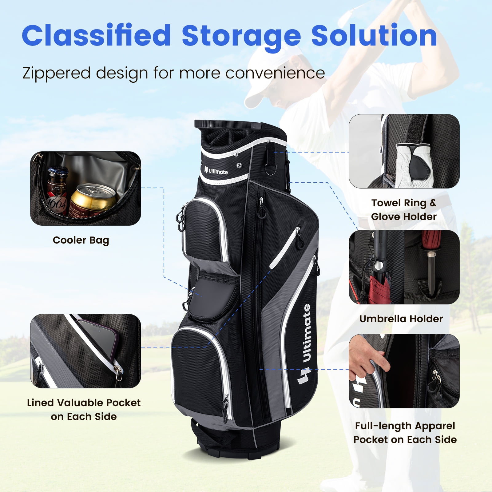 Topbuy 14-Way Golf Cart Bag Golf Club Bag with 14 Ways Organizer Divider Top 9 Zippered Pockets Cooler Bag Umbrella Holder Grey