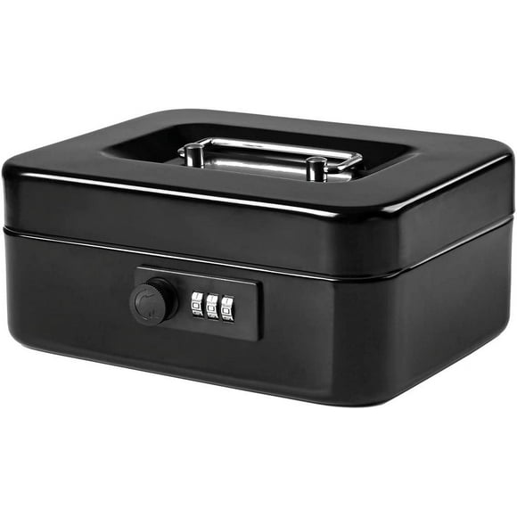 Small Cash Box with Combination Lock – Durable Metal Cash Box with Money Tray Black,7.87 x 6.3 x 3.35 inches