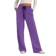 thumbnail image 4 of Women's Straight Wide Leg Pants Drawstring High Waisted Casual Long Trousers Purple M, 4 of 5