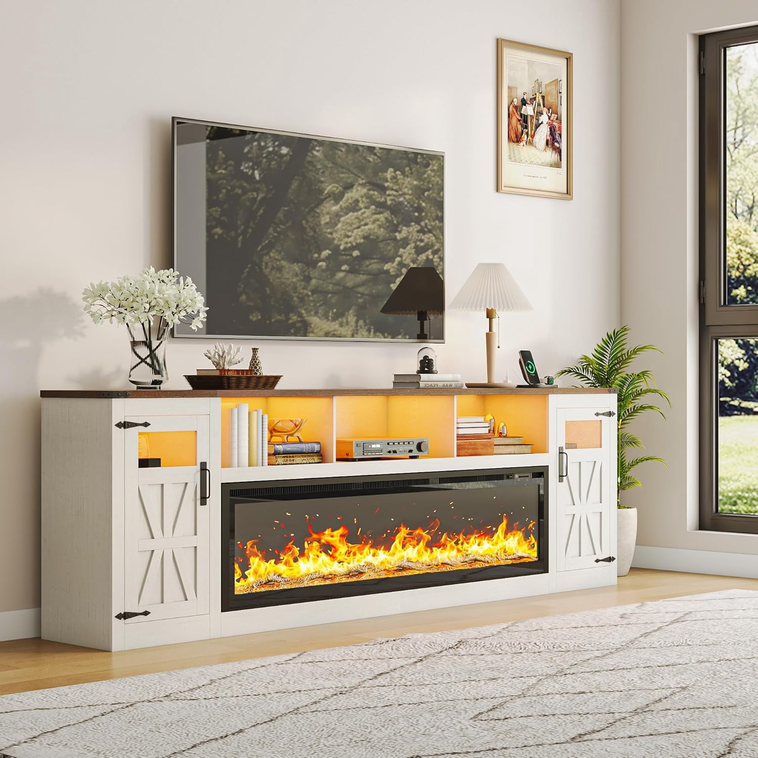 Blotout 95" Fireplace TV Stand for TVs up to 100" with 60" Electric Fireplace, Large Farmhous Media Entertainment Center w/LED Lights/Power Outlets & Barn Doors Storage Cabinet for Living Room,White