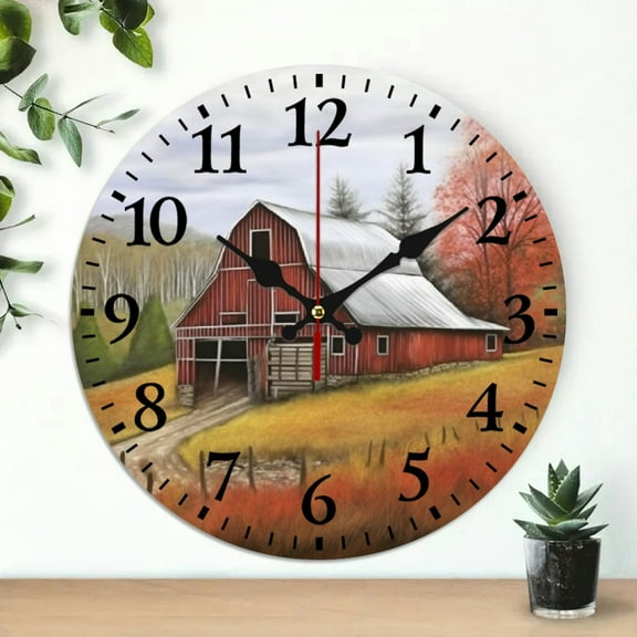 Creowell Barn Trees Detailed Painting 10 Inch Round Wooden Wall Clock - Silent, Battery Operated Decorative Wall Clock for Living Room, Kitchen, Dorm, Office, and Practical Gifts 10x10in