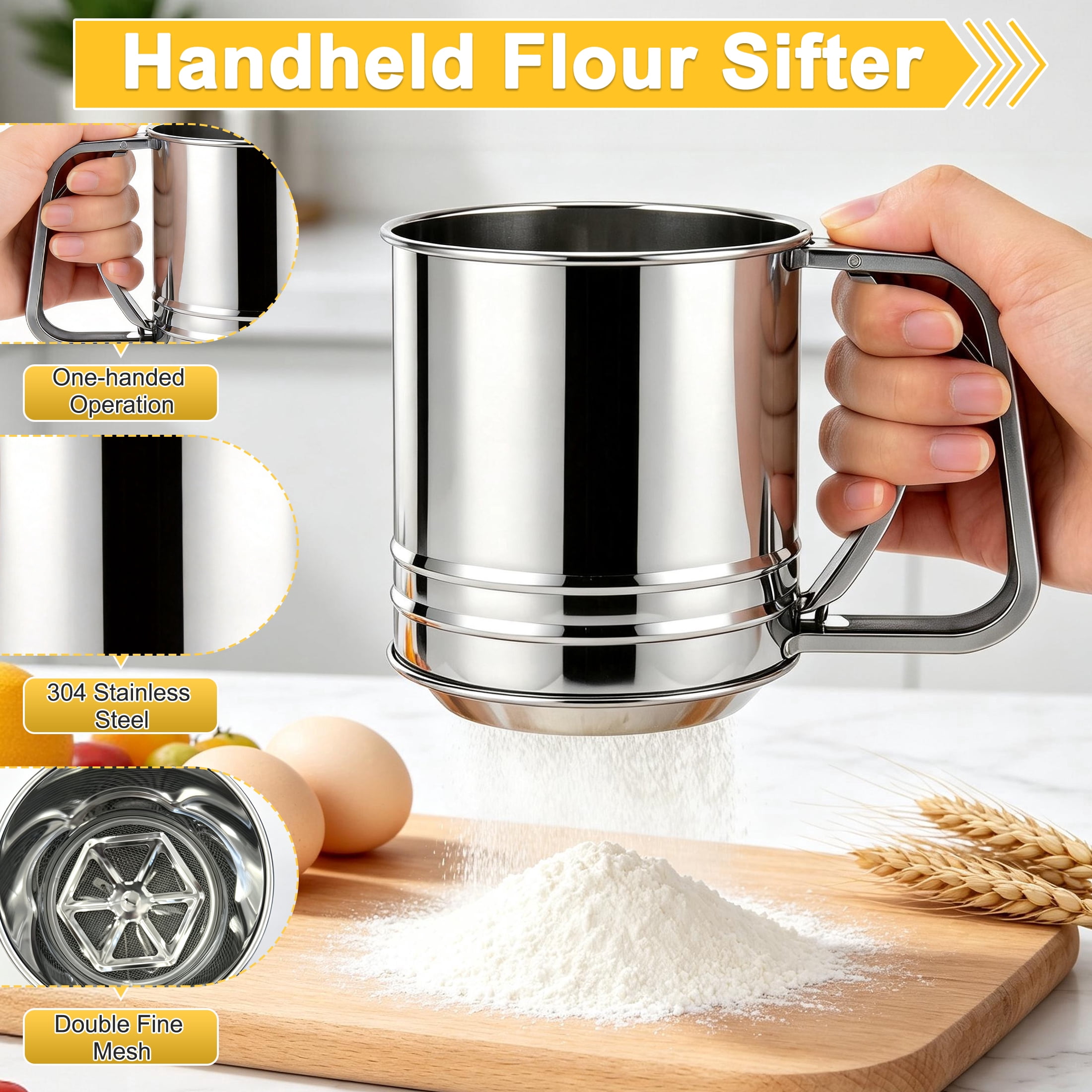 CISILOV 4‑Cup Flour Sifter for Baking, Stainless Steel Hand‑Crank Powder Sifter, One‑Hand Operation Fine Mesh Sieve for Flour, Powdered Sugar, Cocoa, Matcha, Baking Tool