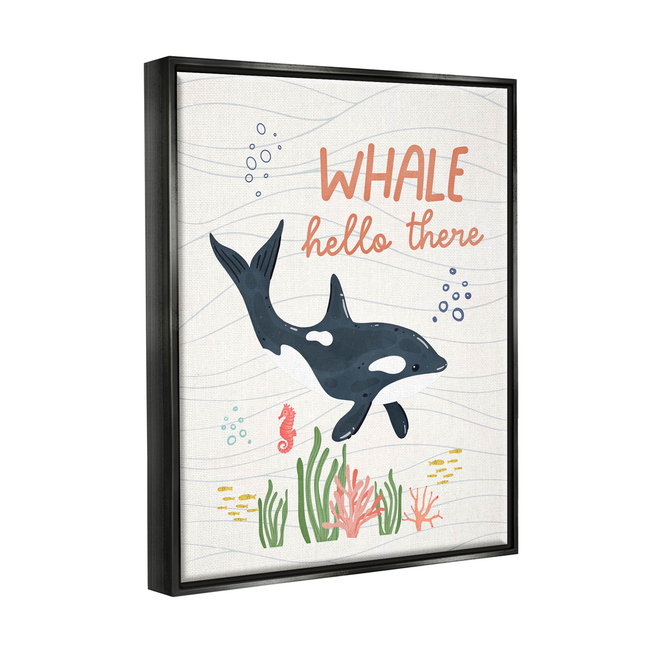 Stupell Industries Whale Hello There Orca Graphic Art Jet Black Floating Framed Canvas Print Wall Art, Design by Nina Blue