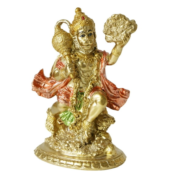 Hindu God Flying Hanuman Statue 5" H Antique Gold Indian Murti Item Pooja Sculpture Diwali Puja Gifts India Temple Mandir Product
