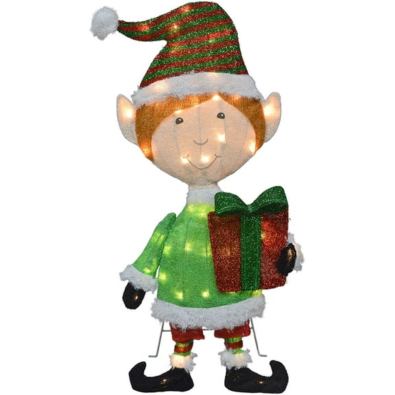 32-Inch Pre-Lit Candy Cane Lane Elf 2D Christmas Yard Decoration, 50 Lights