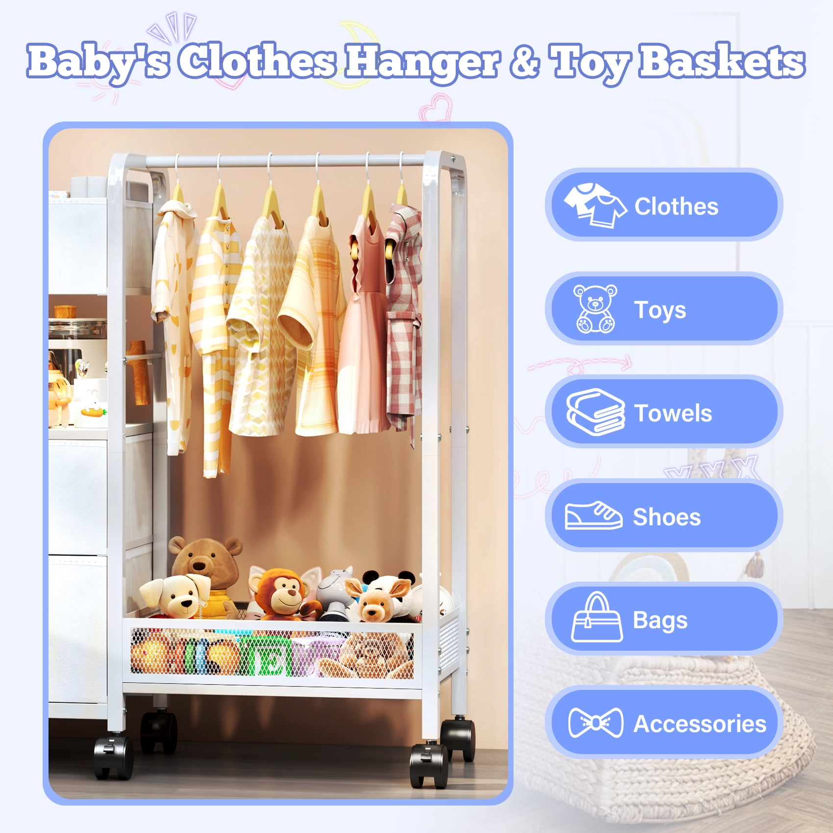 TC-HOMENY Baby All Essentials Diaper Toys Organizer Cart with 3-Tier Side Storage Space, Stroller Nursery Essentials & Craft Organizer Rolling Utility Cart, Kids Garment Rack w/ 1 Hanging Rod, White