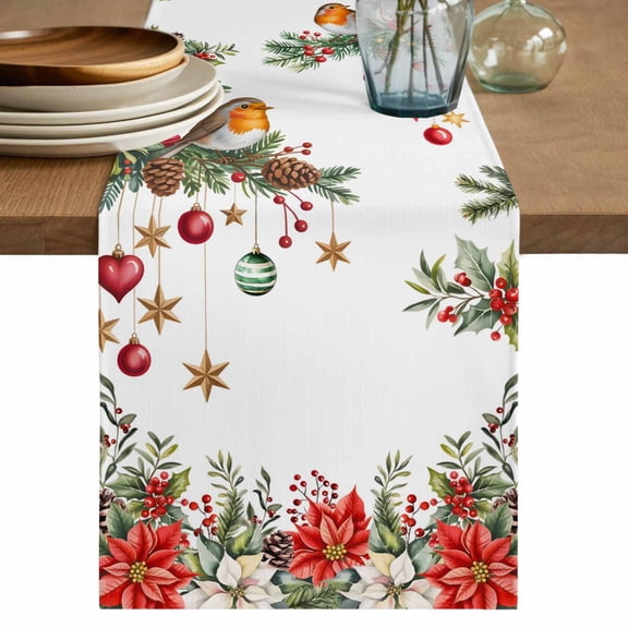 Christmas Table Runner 48 Inches, Xams Tree Winter Red Poinsettia Pine Cones Bed Runner Dresser Scarves Tabletop for Indoor Outdoor Parties/Ceremony/Banquet, 13" x 48"