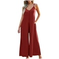 thumbnail image 3 of QATAINLAV Jumpsuits for Women Summer Casual Cotton One Piece Overalls Baggy Flowy Wide Leg Palazzo Pants V Neck Romper with Pockets Red L Sale of The Day, 3 of 9