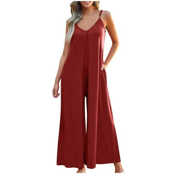 Maean Women's Wide Leg Jumpsuit Dress Flowy V Neck Spaghetti Strap Rompers Casual Long Pants with Pockets