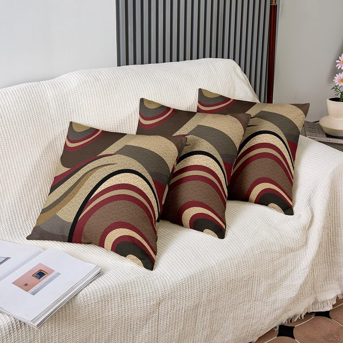 Pack of 2 Burgundy Red Outdoor Throw Pillow Covers, Geometric Square Cushion Case Set Stripe Brown Grey Decor Throw Porch Pillows Cases for Couch Sofa Living Room Modern Art Pillowcases, 20x20 Inches
