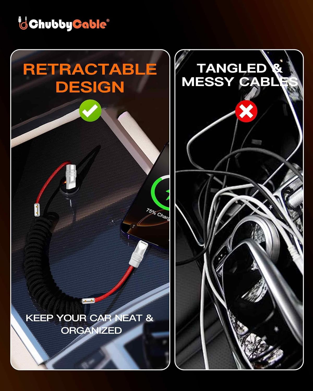 MHAWBL-Curly Chubby 120W Coiled USB C Cable Retractable Fast Charging Cable for Car Charger Cord Compatible with iPhone 17-15 Series, Orange, USB-A to Type-C, 2.29FT-3.6FT