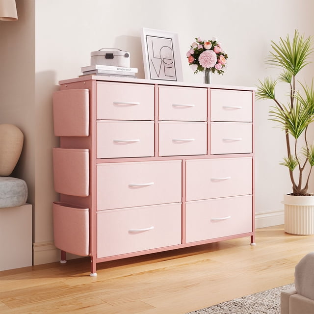 Bingirl Commode Moderne à 10 Tiroirs pour Chambre – Tiroir de Rangement en Tissu avec Poches Latérales pour Pièce, Garde-Robe, Couloir et Entrée