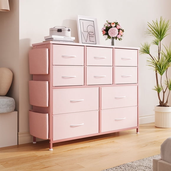 Bingirl Commode Moderne à 10 Tiroirs pour Chambre – Tiroir de Rangement en Tissu avec Poches Latérales pour Pièce, Garde-Robe, Couloir et Entrée