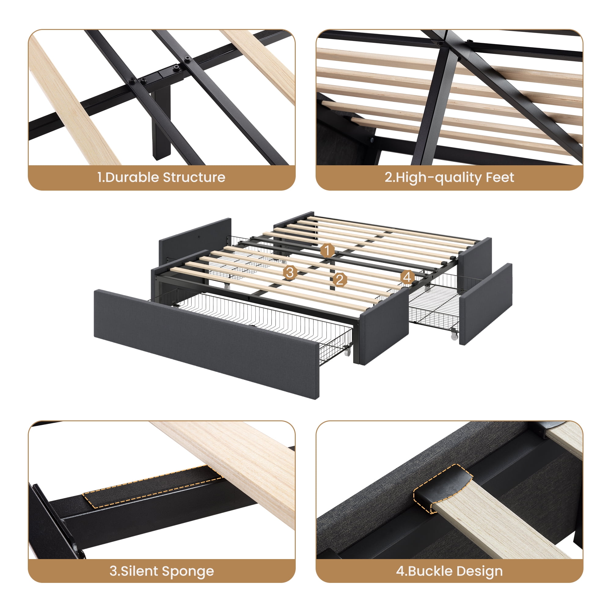 SHA CERLIN Dark Grey Queen Size Platform Bed Frame with 3 Storage Drawers, Adult