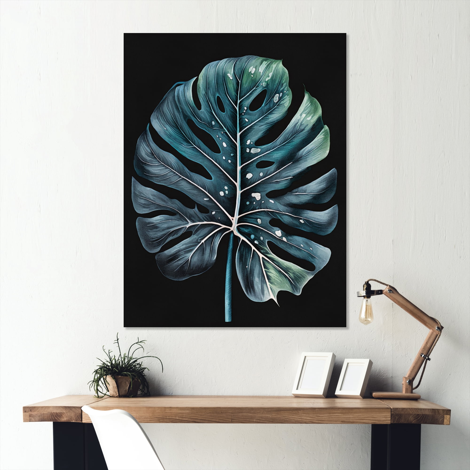 Designart Blue And White Philodendron Leaf I Canvas Wall Art