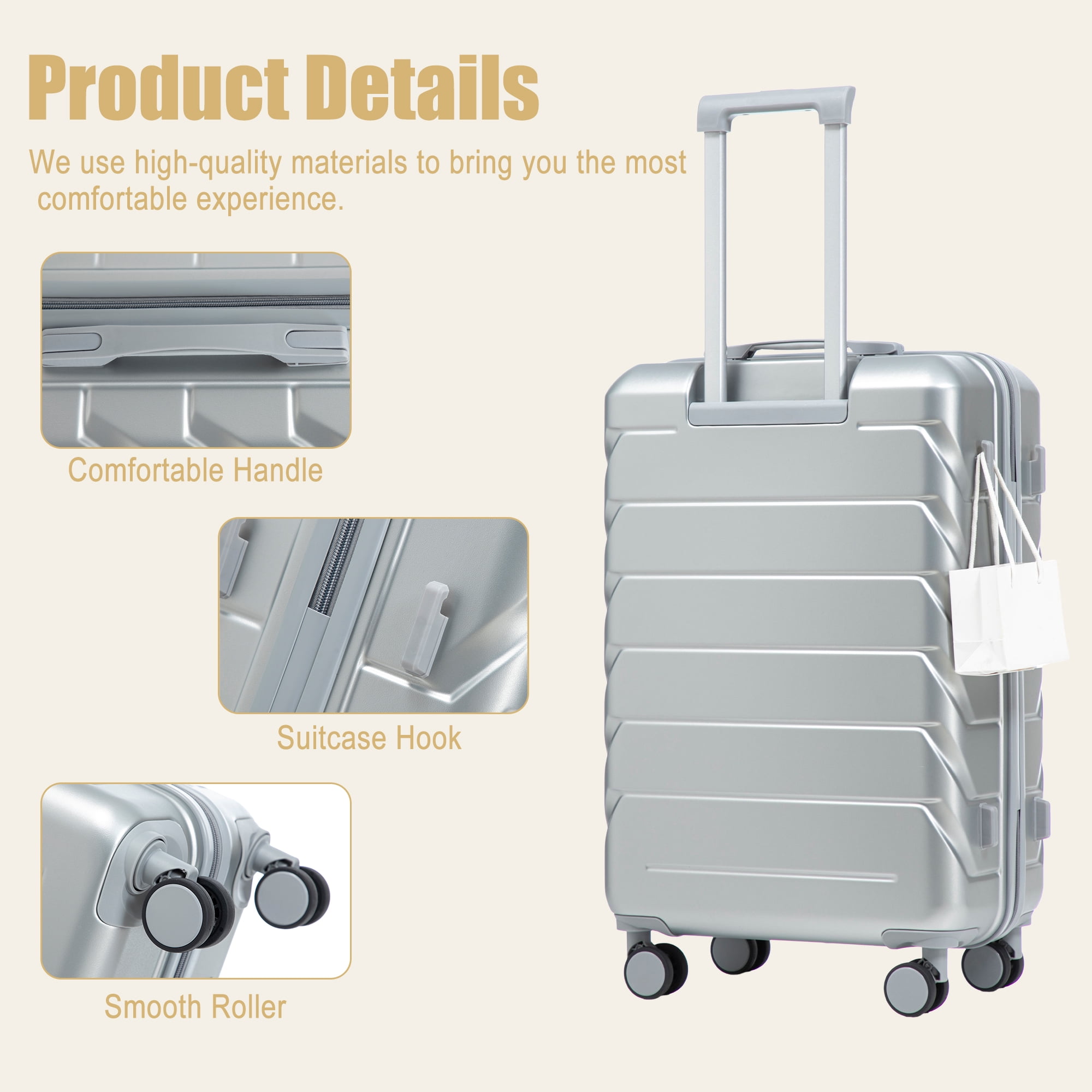 Alvantor 28inch Luggage, ABS Checked Suitcase with 4 Spinner Wheels and Side Hooks, Silver