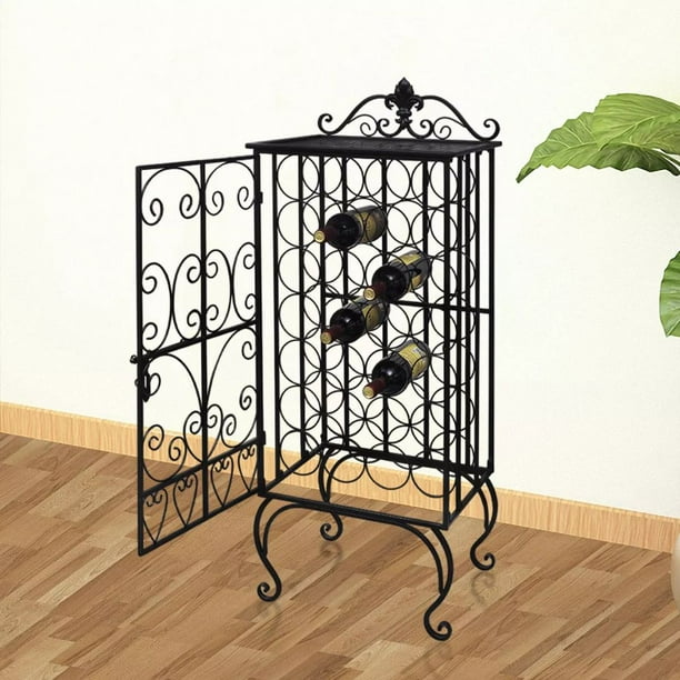 28 Bottle Wrought Iron Wine Rack Jail with Lock Black