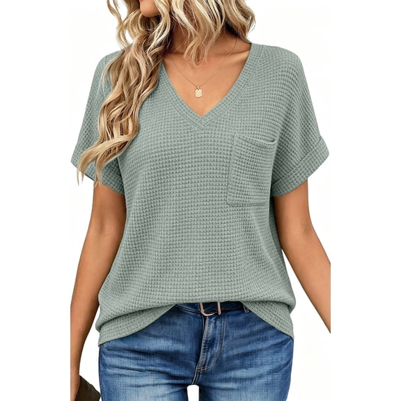 UVN Womens Summer Tops Short Sleeve V Neck Blouses Ladies Casual Waffle Knit Trendy Tunic Shirts
