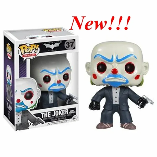 2025 FUNKO POP ¡NUEVO! figura de acción de vinilo colección Dark Knight Bank Robber The Joker n.° 37 con caja — vista frontal centrada de la figura Funko Pop 1/60 en PVC con cabeza grande de payaso blanco, cejas y boca azules, nariz y mejillas rojas, traje gris oscuro, guantes negros y pistola; caja ventana a la izquierda muestra el número 37 y el texto "THE JOKER".