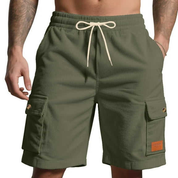 WTOBBY Men's Corduroy Cargo Bermuda Shorts with Elastic Drawstring Waist, Outdoor Athletic Loose Fit for Summer Sports Activities ,Army Green L