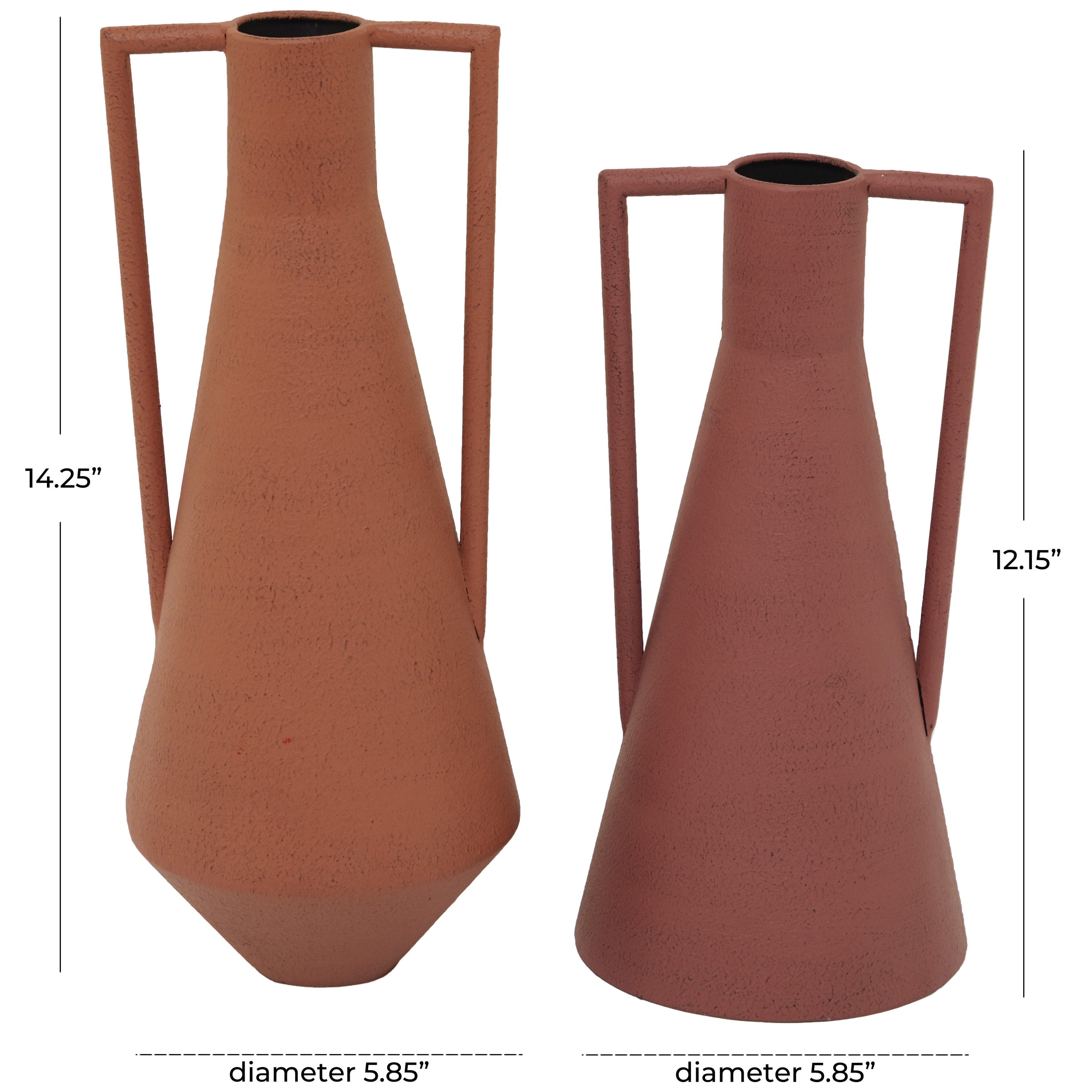 DecMode 12", 14"H Orange Metal Vase with Handles, Set of 2