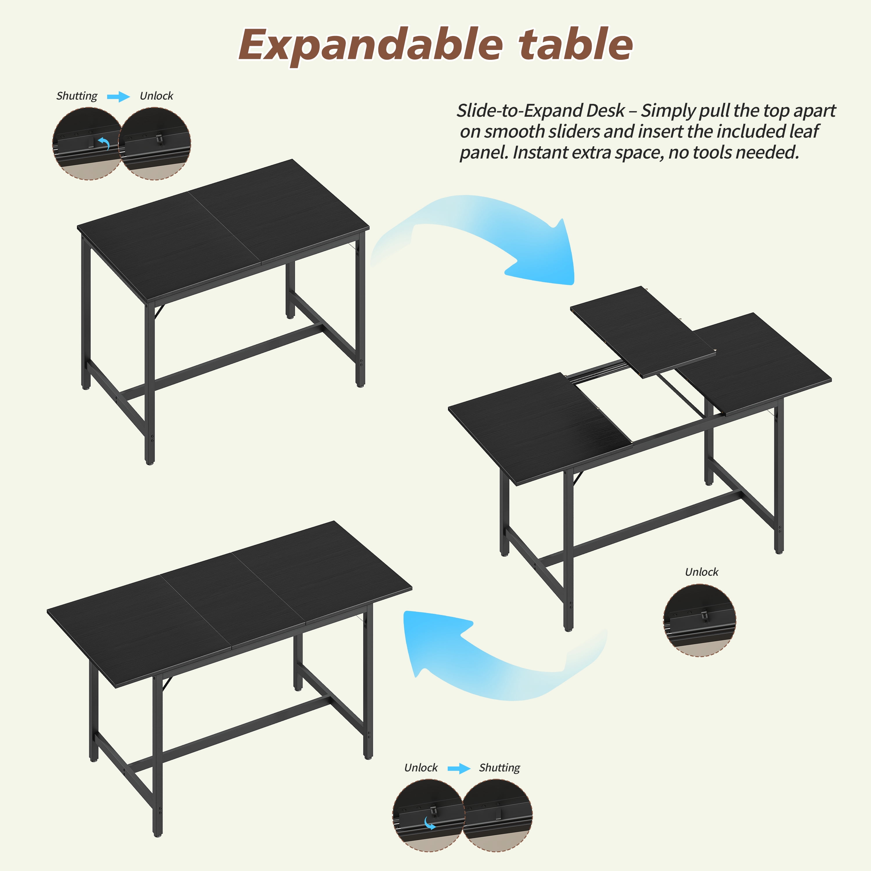Aukfa 63" Extendable Dining Table Set for 4-8, 3-Piece Kitchen Table Set with 2 Benches & 2 Stools, Space Saving Wood Table & Metal Frame,Black