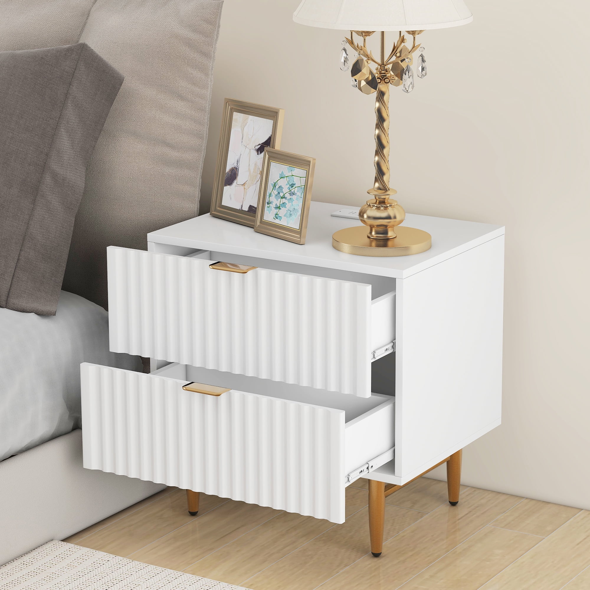 Resenkos Modern White Nightstand with USB Charging Ports for Bedroom, Storage Bedside Table with Wood Leg Resenkos Modern White Nightstand with USB Charging Ports for Bedroom, Storage Bedside Table with Wood Leg