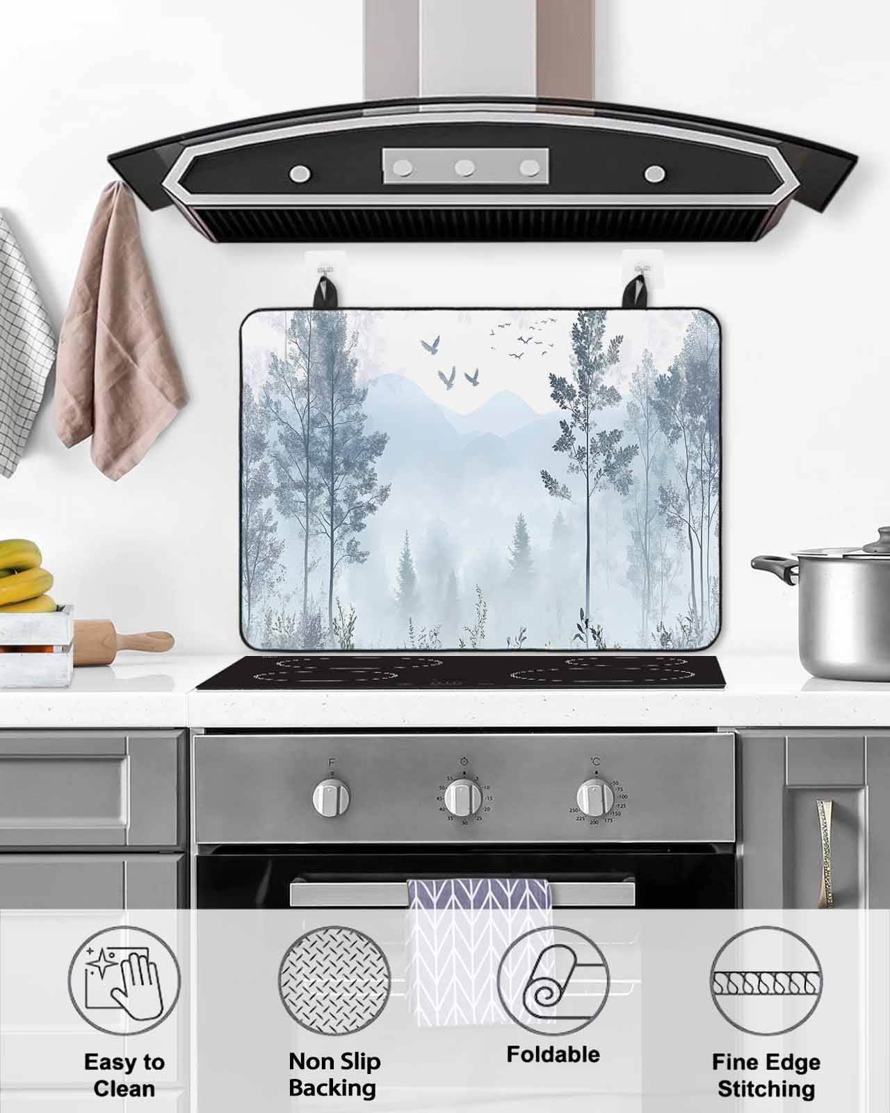 nqOlkjepod Large Induction Cooktop Protector Mat 24"x21", Ombre Forest Grey Stove Top Covers for Electric Stove, Mountain Watercolor Branches Stove Burner Cover Mats, Glass Top Stove Cover