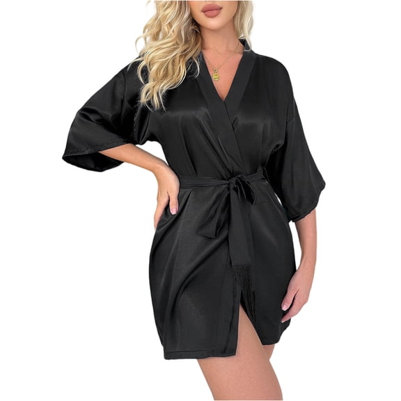 Women's Satin Tassel Robe - Mid-Sleeve Open Front Tie Homewear, Black, L