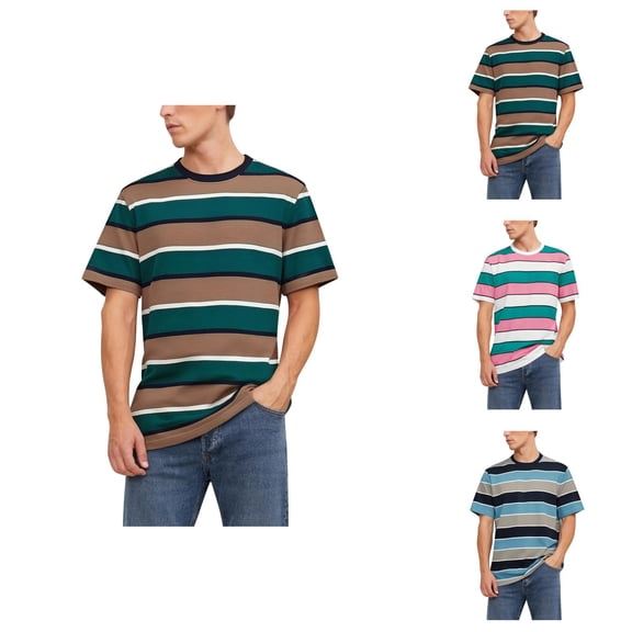 Striped T Shirts for Men 2026 Summer Casual Short Sleeve Crewneck Color Block Tee Shirt Streetwear