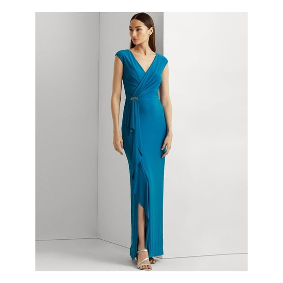 LAUREN RALPH LAUREN Womens Blue Jersey Embellished Zippered Cascading Ruffle Lined Slit Cap Sleeve Surplice Neckline Full-Length Evening Gown Dress 10