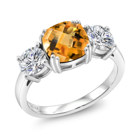Gem Stone King 925 Sterling Silver Yellow Citrine and Lab Grown Diamond Engagement Ring for Women | 3.00 Cttw | Cushion Checkerboard 8MM | Gemstone November Birthstone | Size 9