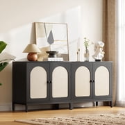 Rattan Sideboard Buffet Cabinet, Entryway Table, 2-Door Boho Sideboard with Arch Carving