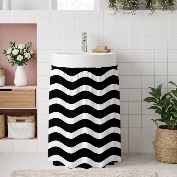 Black Moire Ombre Small Sink Skirt 10''x11'', Water Ripple Stripe Farmhouse Bathroom Vanity Utility Cabinet Curtain, Kitchen Under Sink Laundry Privacy Drape Waterproof Closet Curtains