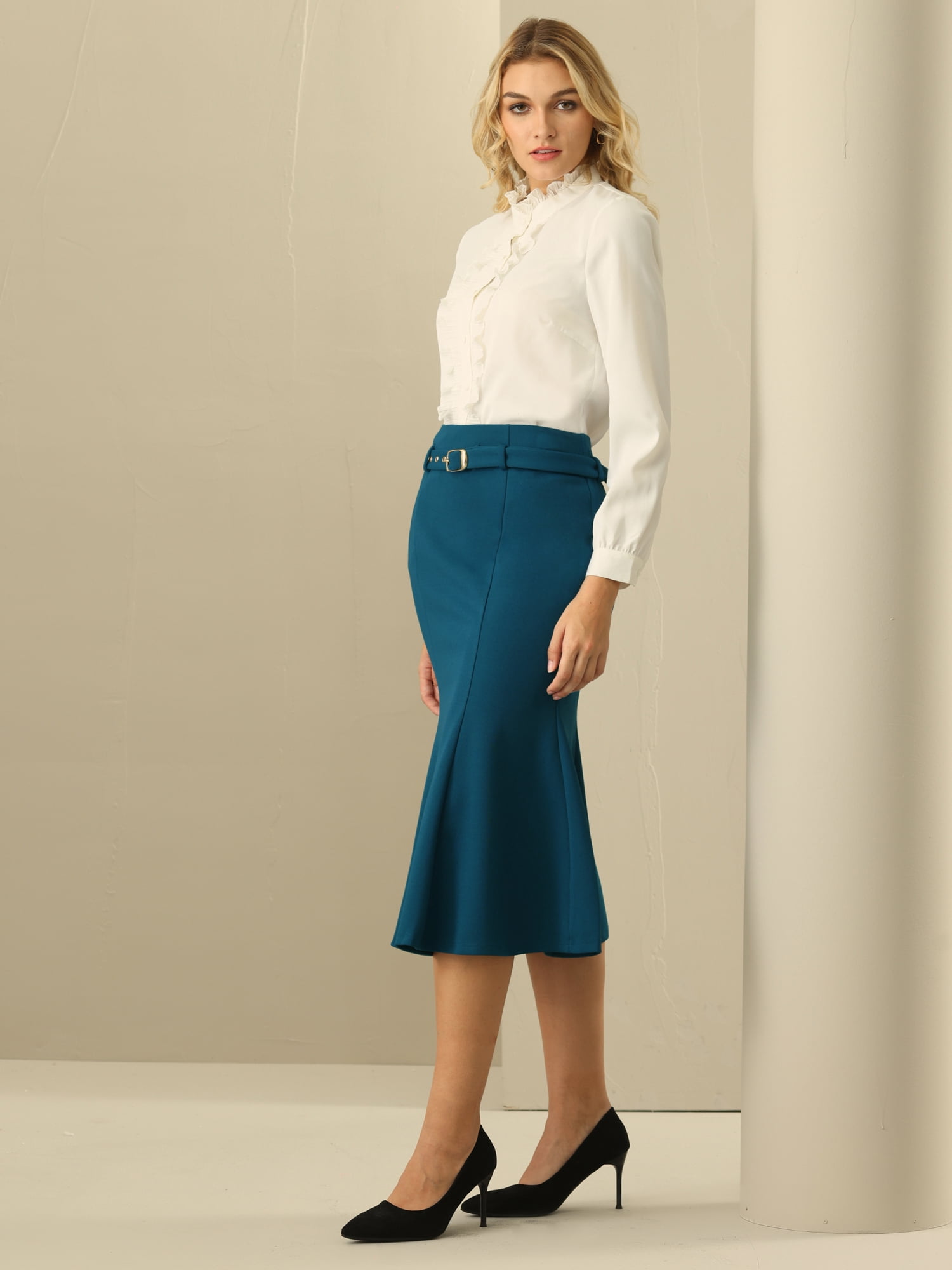 DARING DIVA Women Fishtail High Waist Belted Work Midi Mermaid Skirts M Lake Blue