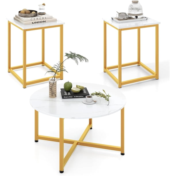 Round Nesting Table Set of 3, Modern Faux Marble Coffee Table w/2 End Tables, Sturdy Metal Frame, 3-Piece Wooden Living Room Table Set for Home Office, Apartment (White & Gold)