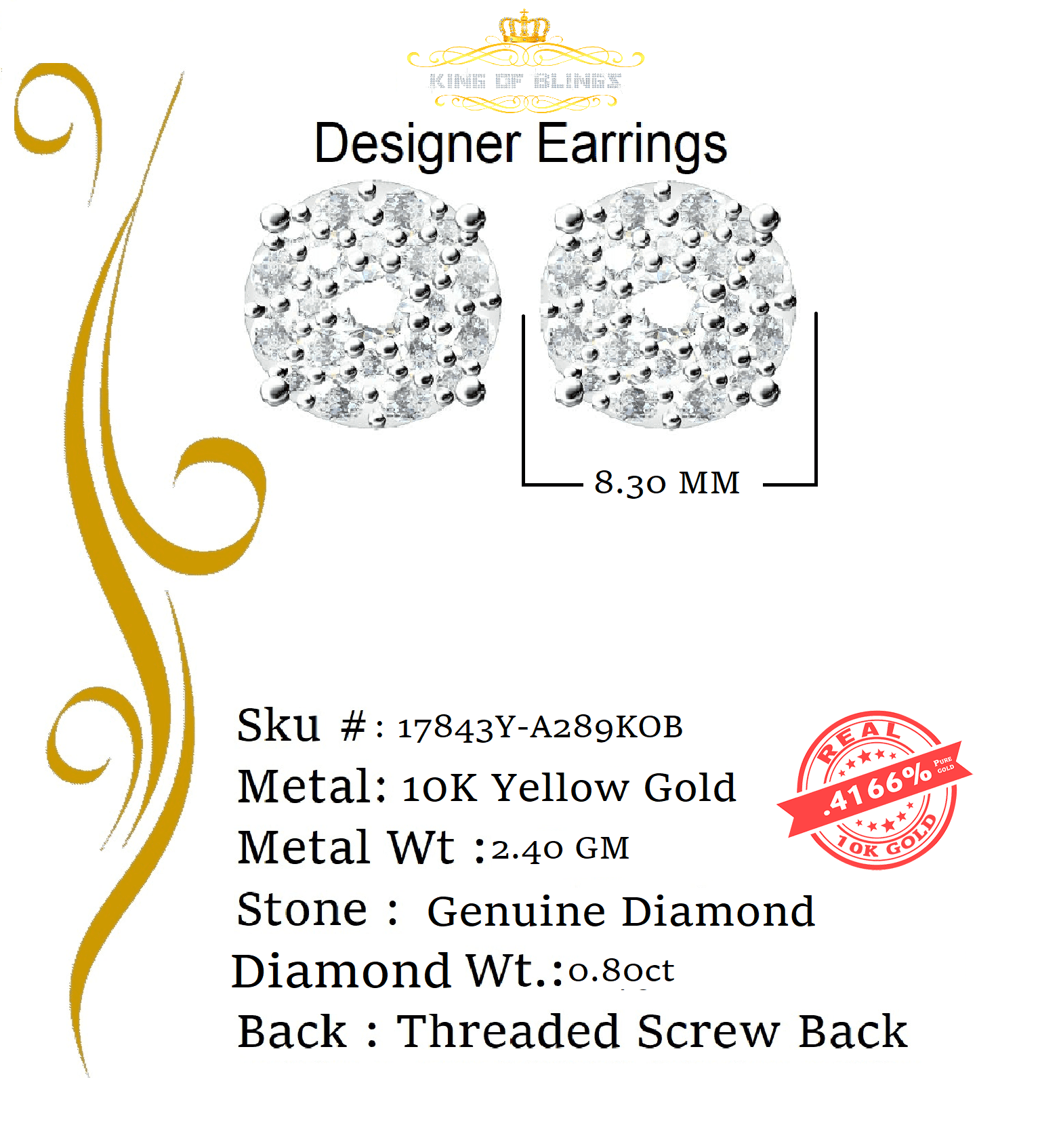 King of Bling's 10K Real Yellow Gold Real Diamond 0.80CT Men's/Women's Stud Round Earring