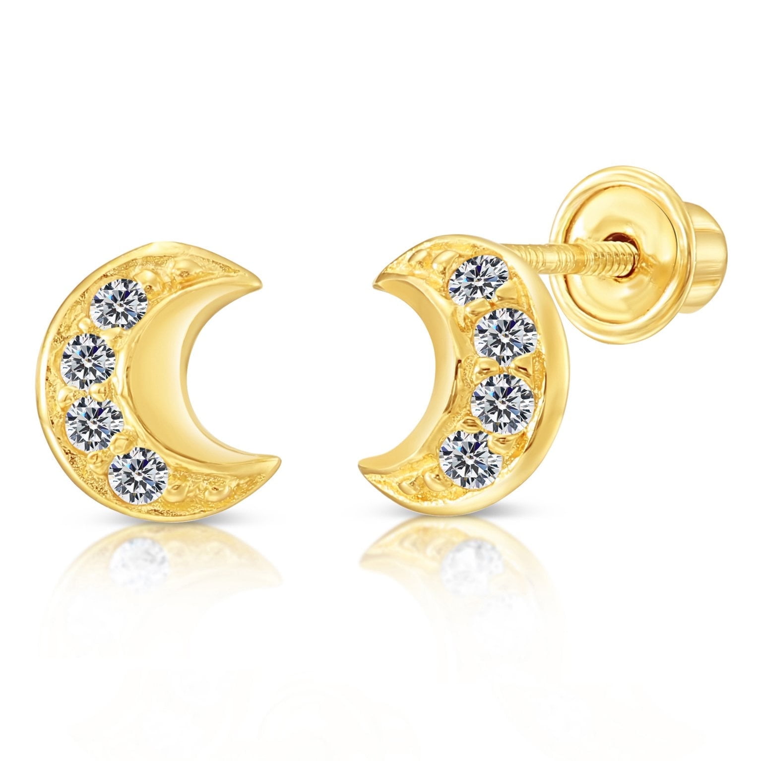 Tilo Jewelry 10K Yellow Gold Cresent Moon CZ Stud Post Earrings with Cubic Zirconia CZ Stones | Secure Screw-Backs | Dainty Everyday Earrings for Women & Unisex