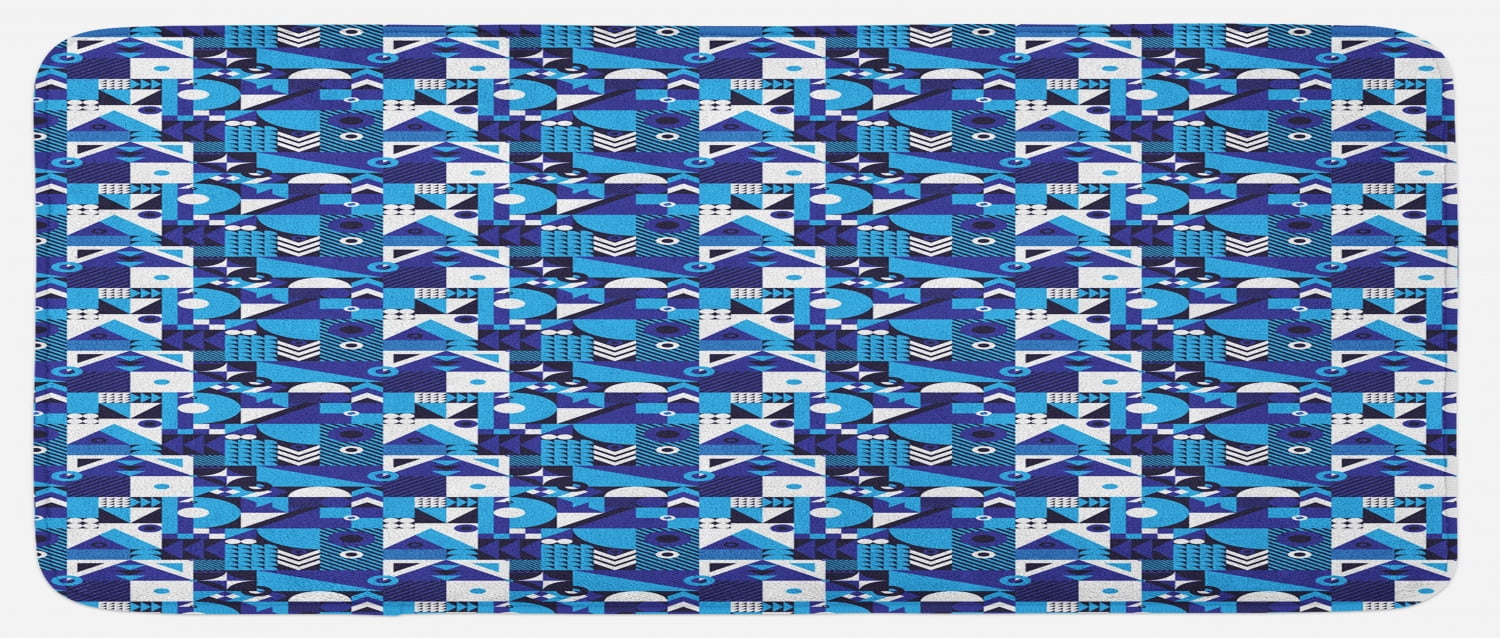 Navy Blue Kitchen Mat, Contemporary Geometric Mosaic with Rich Modern