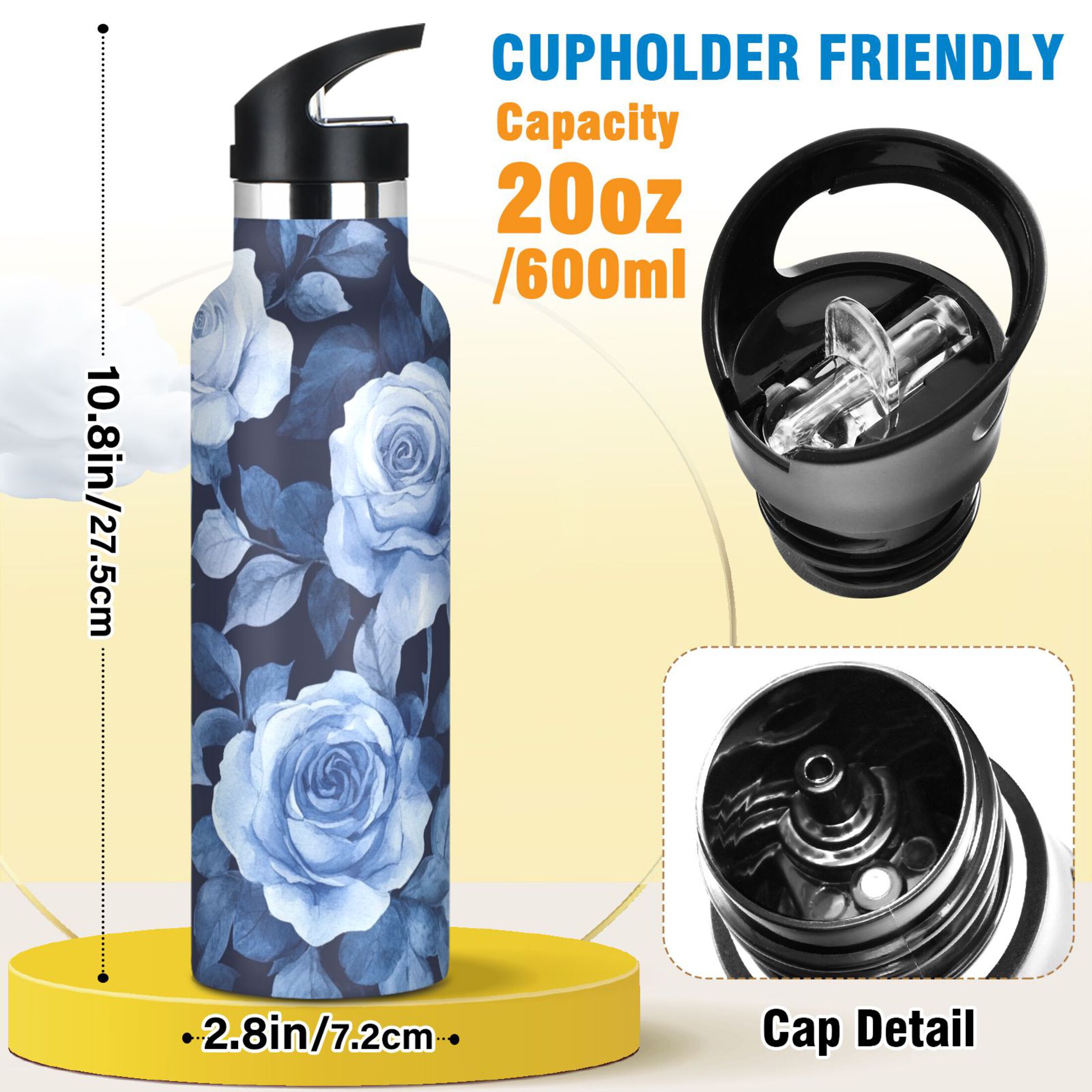 600ML Stainless Steel Insulated Cup Sports Water Bottle Portable Thermos Cup Water Glasses Insulated Tumblers Convenient and Durable Teal Roses