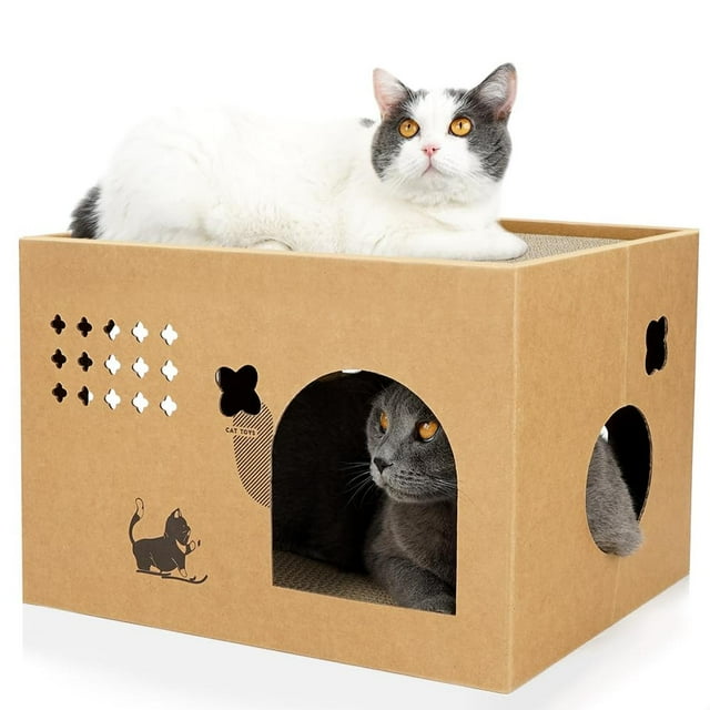 Casa de cartón para gatos con 2 almohadillas para orejas para rascar, cama grande para gatos rascado