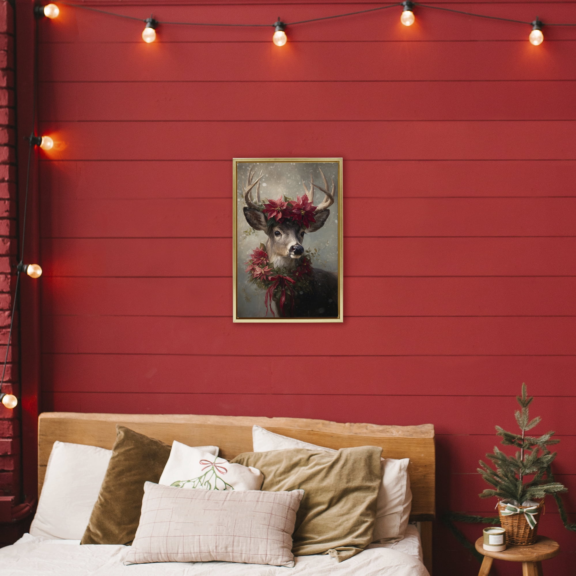 Stupell Industries Poinsettia Christmas Deer Gold Framed Floater Canvas Wall Art, design by Tina LeCour