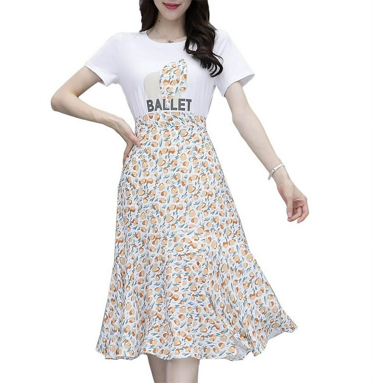 PIKADINGNIS Long Skirt Women For Summer Lady Korean Style two-piece Dress  suit Chiffon floral High Waist Midi Skirt Female