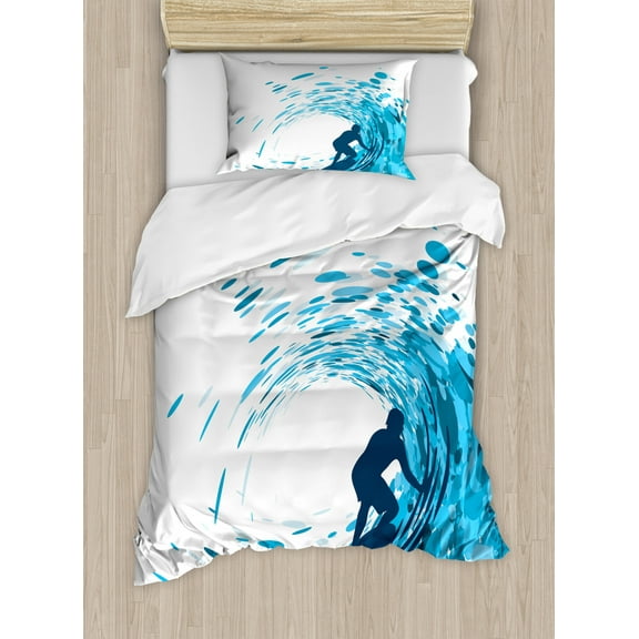 Ride The Wave Duvet Cover Set Twin Size, Silhouette of a Surfer under Giant Ocean Waves Athlete Hobby Lifestyle Image, Decorative 2 Piece Bedding Set with 1 Pillow Sham, Night Blue, by Ambesonne