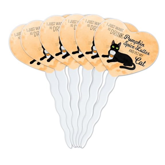 I Just Want to Drink Pumpkin Spice Lattes and Pet My Cat Heart Love Cupcake Picks Toppers Decoration Set of 6
