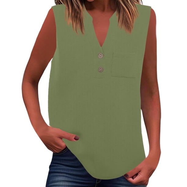 Camiseta sin mangas de verano para mujer, corte holgado, plisada, cuello en V, sin mangas, fluida, informal