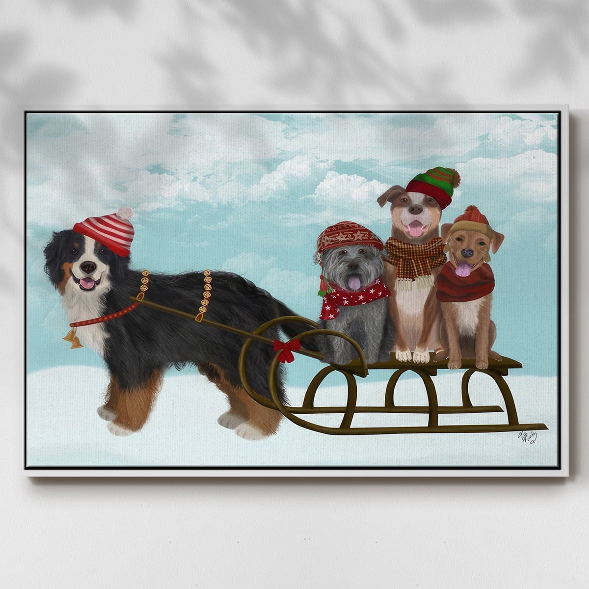Christmas Mutt Sled - Framed Gallery Wrapped Holiday Canvas - 17 x 25 - White Frame