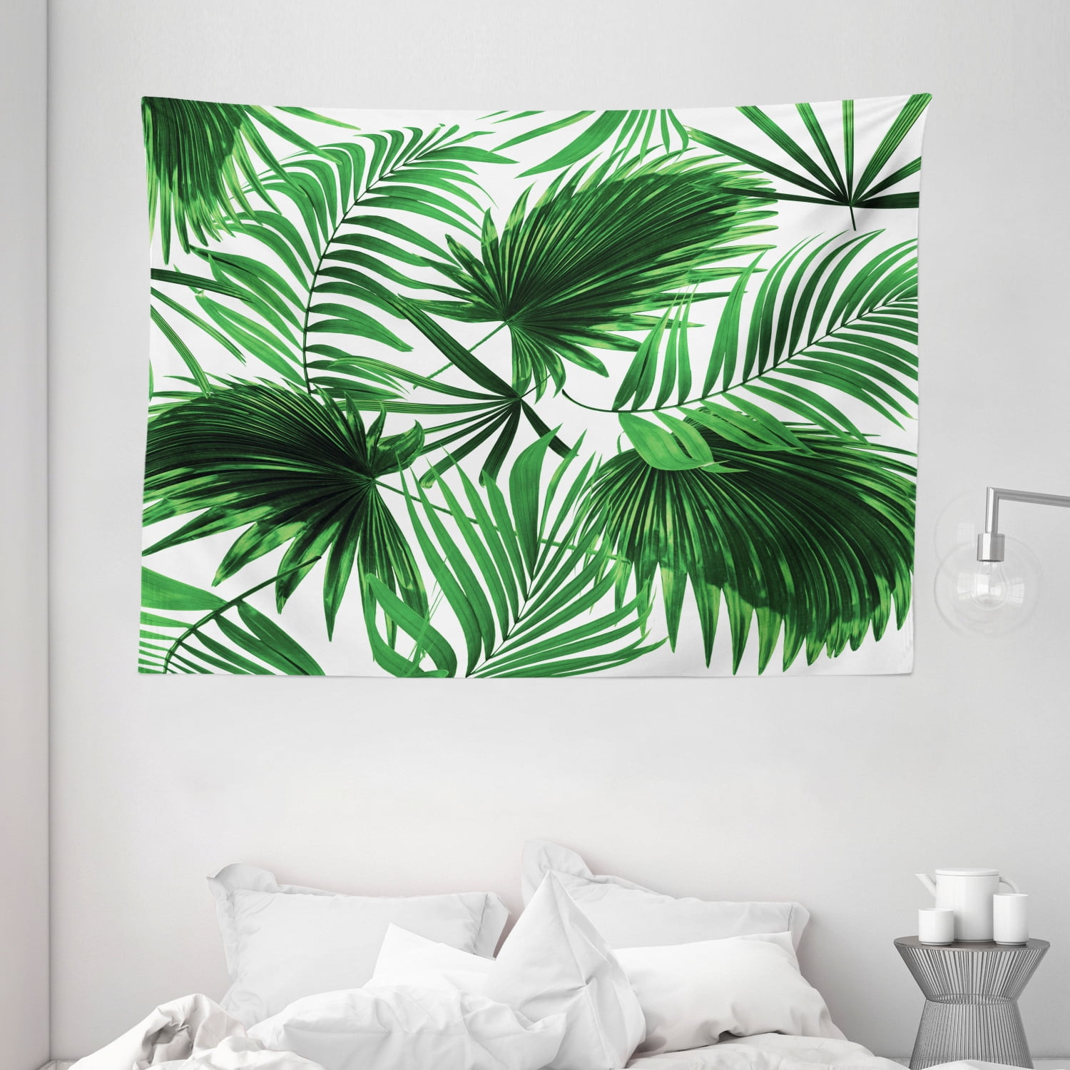Palm Leaf Tapestry Realistic Vivid Leaves Of Palm Tree Growth Ecology Lush Botany Themed Print Wall Hanging For Bedroom Living Room Dorm Decor 80w X 60l Inches Fern Green White By Ambesonne