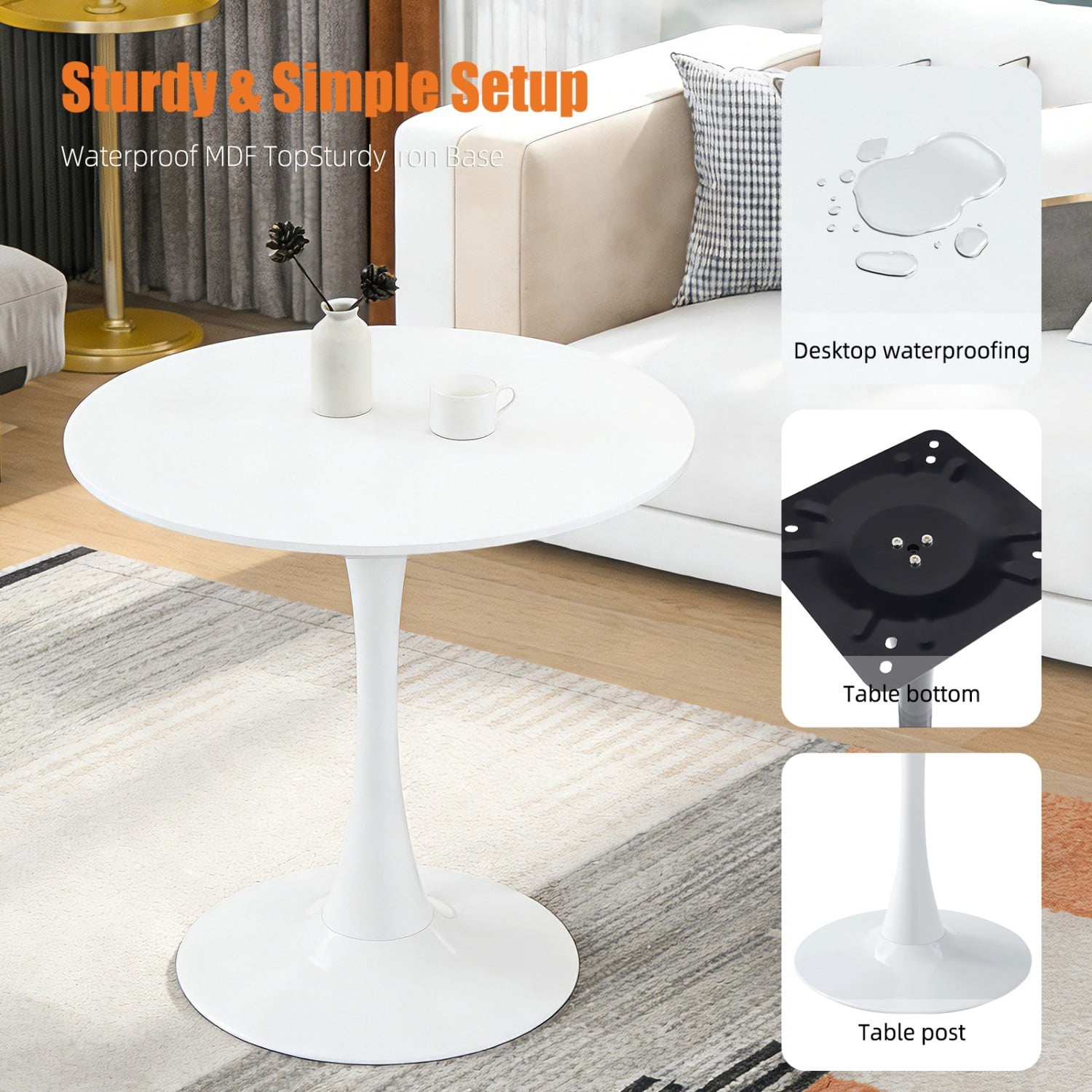 31.5" Round Dining Table, Modern White Tulip Base Table with MDF Top & Matte Iron Pedestal, Mid Century Kitchen Table, Small Space Coffee Table for Living Room, Apartment & Home Office