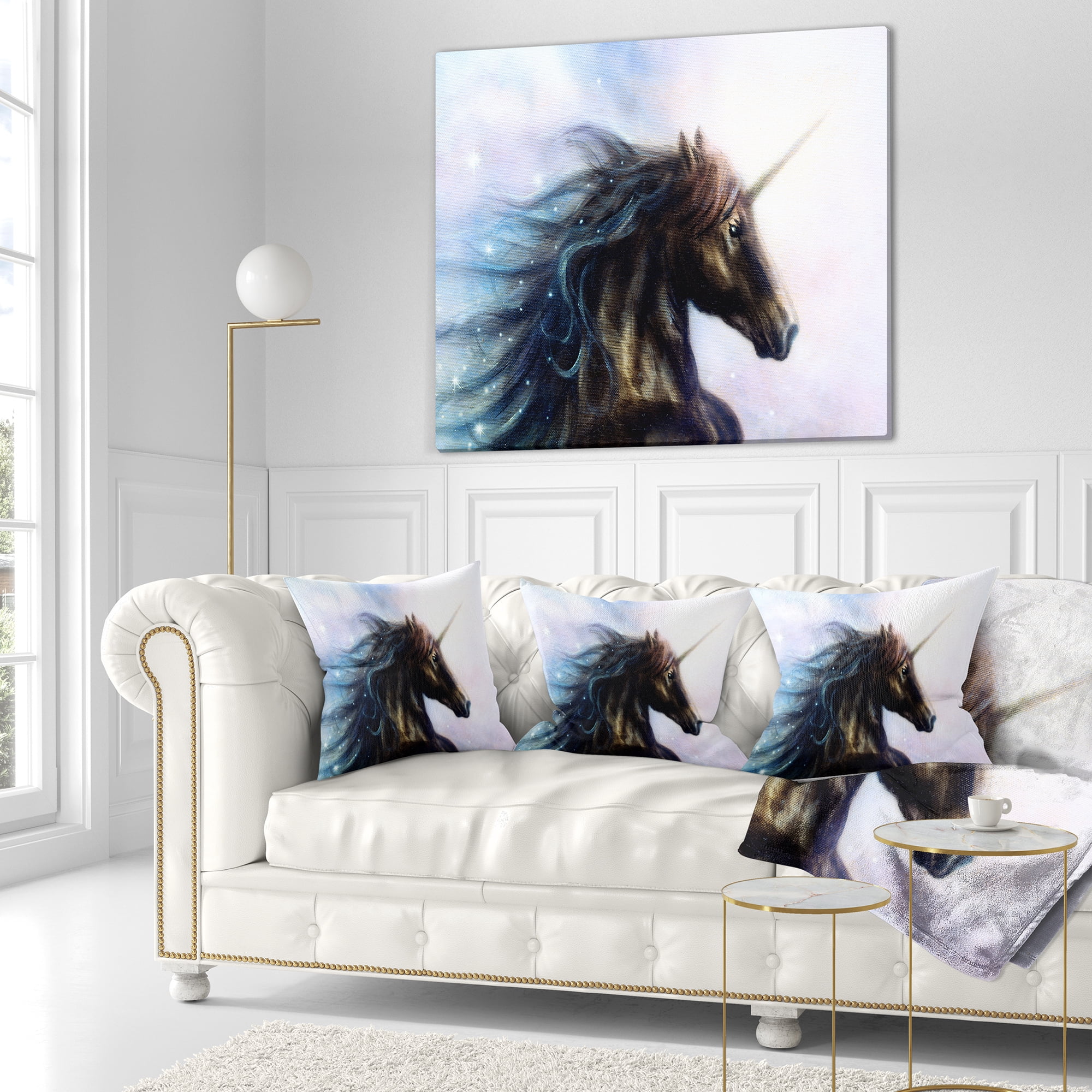 Designart Black Unicorn - Animal Throw Pillow - 18x18